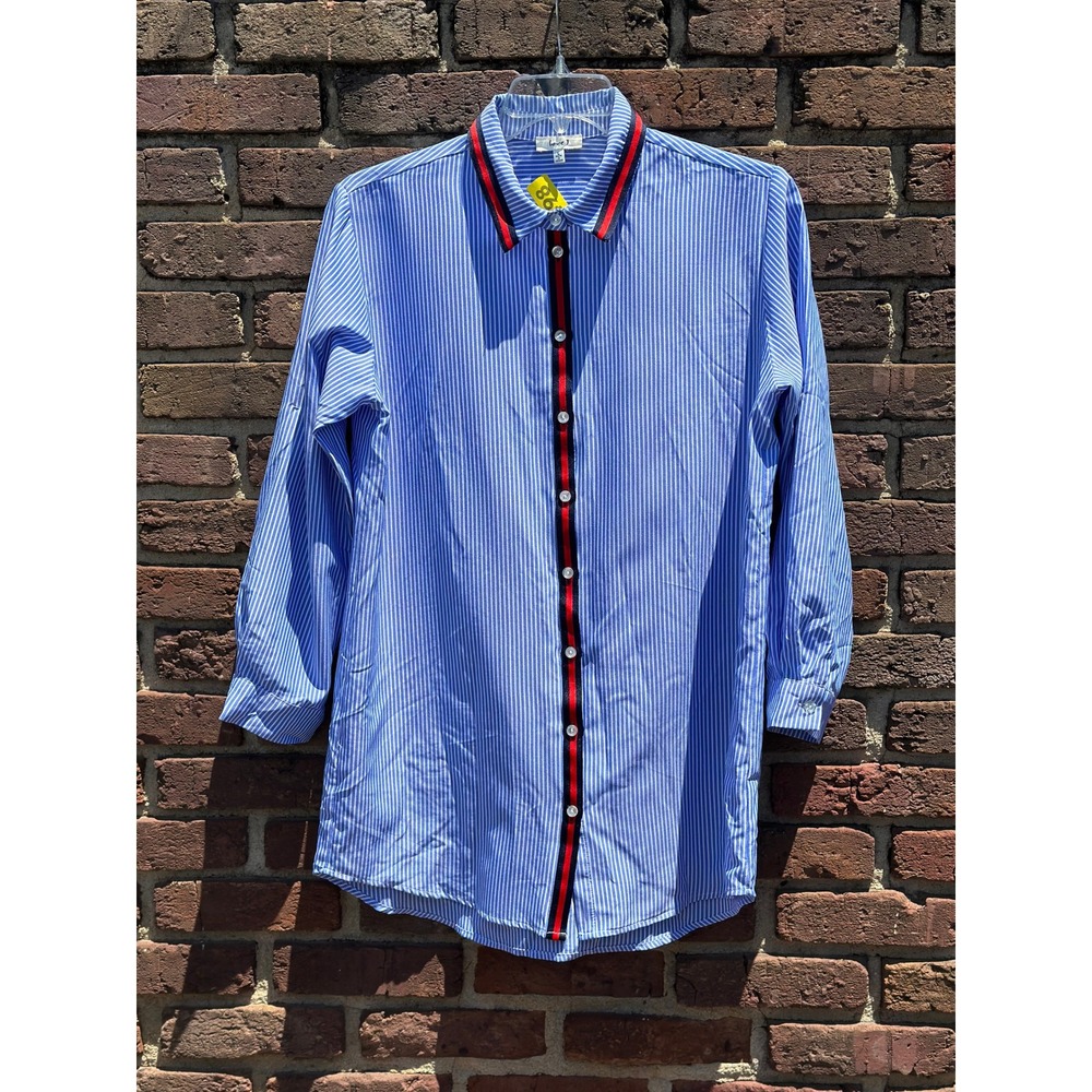Love J Women Sz Large Shirt Blue White Striped Red Racing Stripe Preppy Nautical